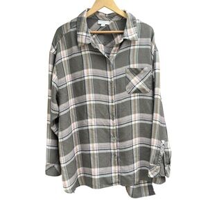 J. Jill XL Plaid Button Down Tunic Shirt Grey White Soft Rayon Blend Lagenlook